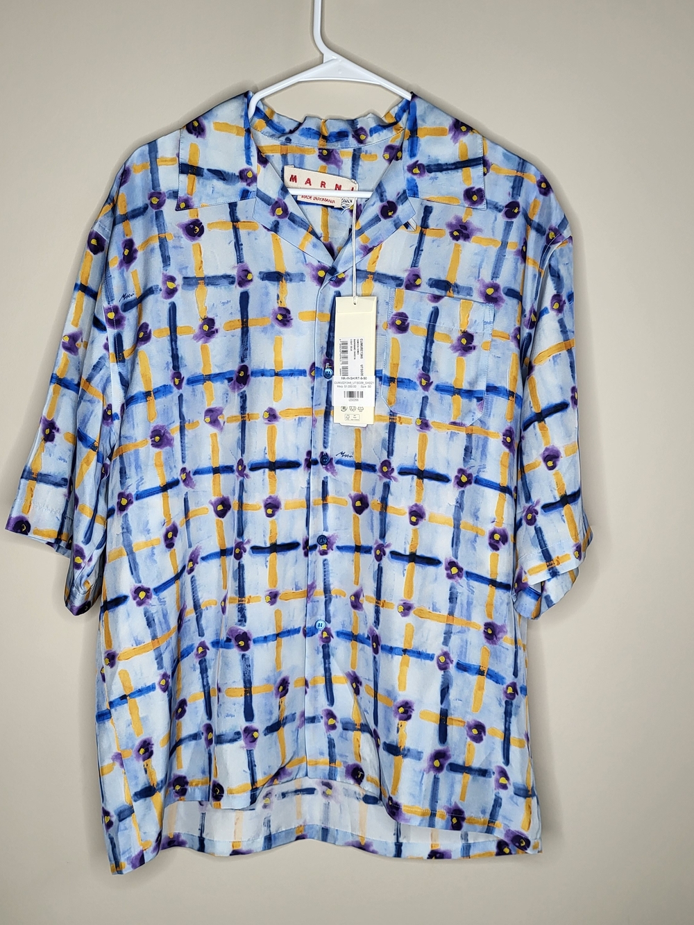 Marni Light Habotai Silk Shirt with Saraband Print in light blue.NWT. authentic.